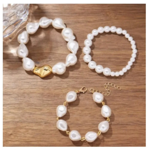 Three Piece Faux Pearl and Gold Tone Bracelet Set - New - Picture 3 of 4